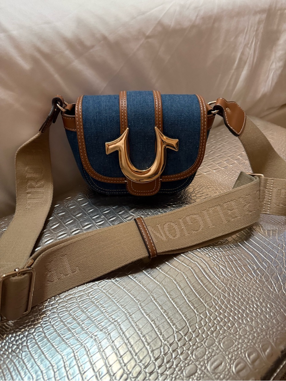 True Religion Denim Blue and Brown Crossbody Bag with Gold Hardware